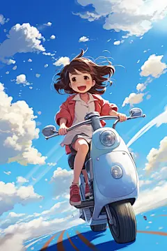 动漫设计骑电动车的男孩女孩插画