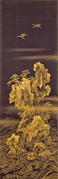 Mount Horai, the Isle of the Immortals. Suzuki Kiitsu. Japan, 19th century. Hanging scroll; gold on indigo dyed silk. LACMA