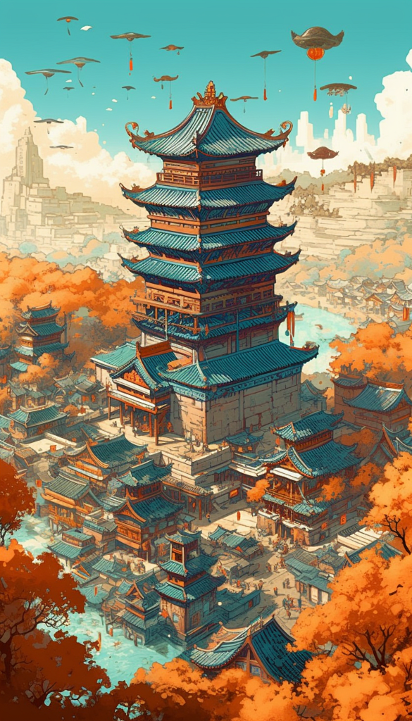 中国风寺庙塔古建筑国潮建筑插画图片