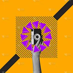 老式复古相机在女性手上抽象的几何背景。插入文本的负空间。现代创意设计。