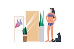 图源免费EPS文件 |扁平设计的内衣网络概念，带有人物场景。美丽女子以积极的身体观念在商店展厅的镜子前挑选内衣。用于网络的带有角色情境的矢量插画。