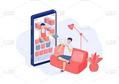 社交距离呆在家里，微型微型的人在网上阅读电子书，智能手机购物应用程序概念海报或社交横幅设计插图在白色