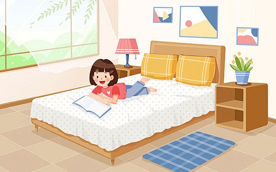 黄色卡通卧室女生房间读书插画家居-花瓣网