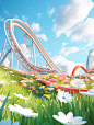 3D modeling poster, an oversized roller coaster rushing out of the scene, super perspective, empty seats on the car, through the grass, cartoon buildings in the background, light blue sky, white clouds, c4d, oc renderer, high definition, 8k