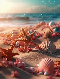 热带海滩度假贝壳和海星壁纸