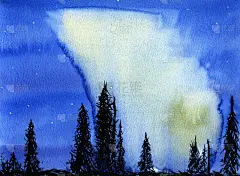 手绘插画夜景与北极光