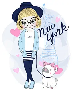 矢量时尚手绘卡通可爱女孩插画形象印刷装饰画少女图案AI设计素材