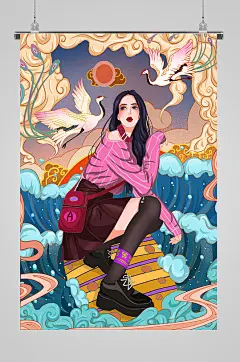 国潮美人仙鹤宣传插画