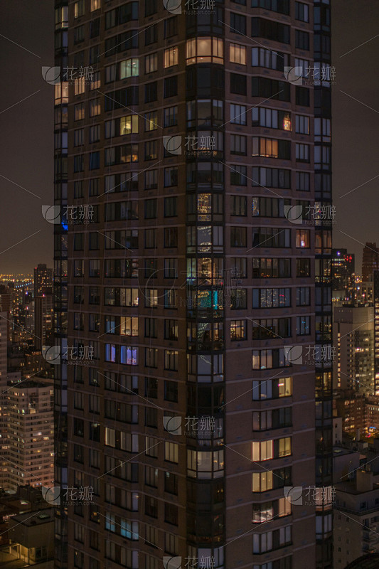 夜晚,居住区,城市,摩天大楼,外立面,纽约,阳台,公寓,垂直画幅,无人