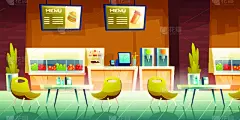 矢量,餐馆,购物中心,卡通,室内,食品集市,菜单,蛋糕,果汁,椅子