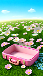 A-open-empty-pink-suitcase-on-the-wide-grass-surrounded-by-flowers--in-front-view--high-view--the-suitcase-is-empty-inside--with-sky-blue-background--in-the-cartoon-style--rendered-in-C4D--as-a-3D-sce (3)