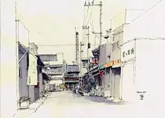 淡彩小镇插画 铅笔淡彩城市街景画 有点色彩的小城铅笔画