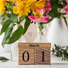 日历上的3月1日的背景是一束紫花。立春的概念。