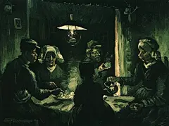 《食土豆者》
　　这幅画可以说是文森特在纽南时期的最佳杰作。为了完成这幅作品，他曾作了许多农夫、农妇的肖像，对室内及手的素描，以及瓶子与水壶的静物画等等，这些均是对此画的习作。此画充满了对其社会性与宗教性的情感，画面虽显得粗野，但结构却十分紧密;以围聚的人物为中心，对形体加以把握;以德拉克洛瓦的色彩理论，构成了种种暗灰色，以这些完成了这幅佳作。
