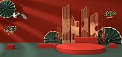 包图网红绿色c4d过年不打烊电商海报场景模板