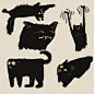 This may contain: four black cats with yellow eyes are shown in different positions and sizes, including one cat's head