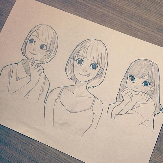 手绘，线稿，铅笔，女孩，造型，来自日本画...