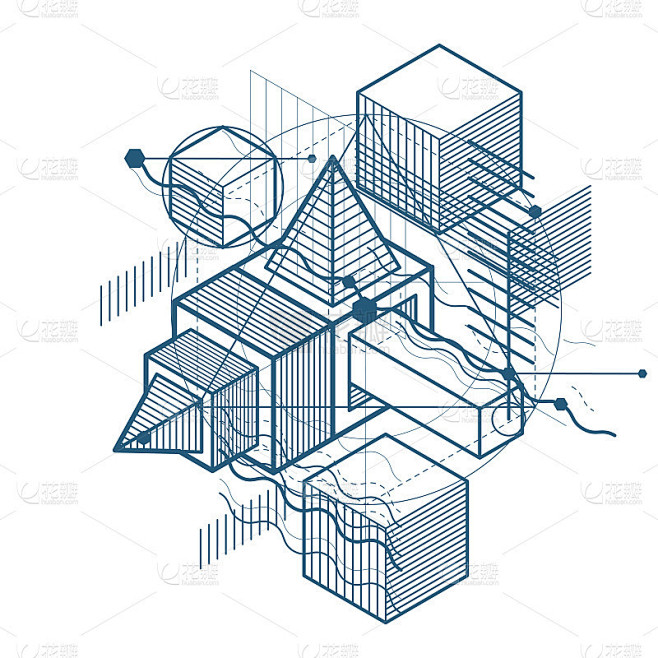 抽象三维图形组成，矢量等距背景。由立方体...