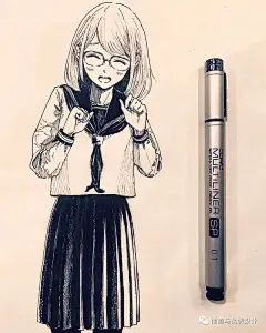 手绘丨一波简笔少女的漂亮黑白手绘,萌q版侧颜杀,简约