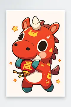 灯笼鞭炮2026年扁平化简笔画马年新插画