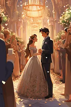漫画风Q版情侣结婚人物婚礼插画