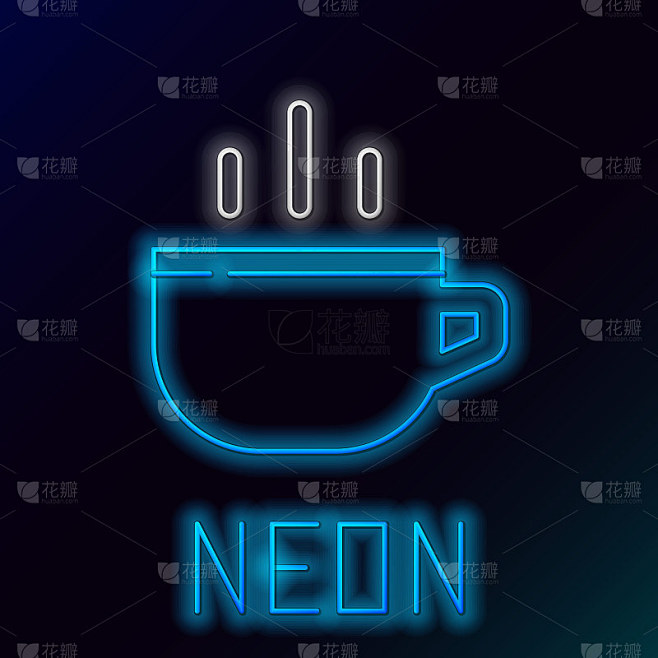 发光的霓虹灯线咖啡杯图标孤立在黑色背景。茶杯。热喝咖啡。色彩斑斓的轮廓的概念。向量