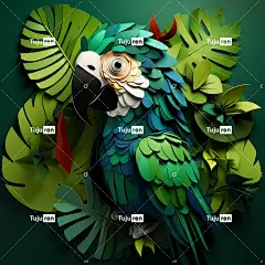 绿叶鹦鹉杂志封面，素描风格，纸雕