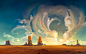 General 1920x1200 fantasy art landscape desert rock clouds Sun painting smoke sky