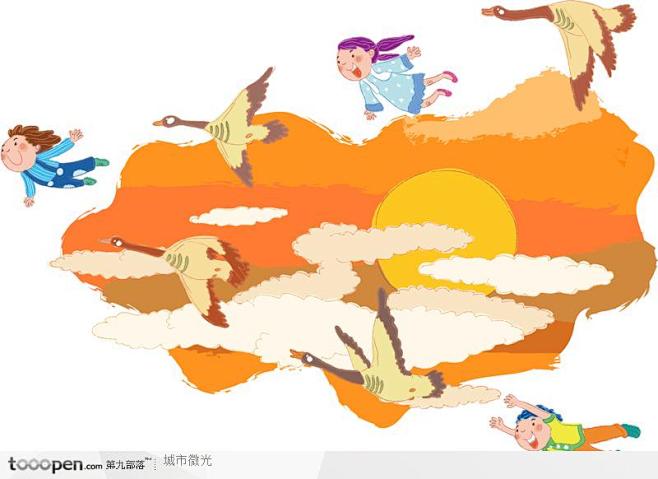 童话传说插画－南归的大雁和飞翔的儿童