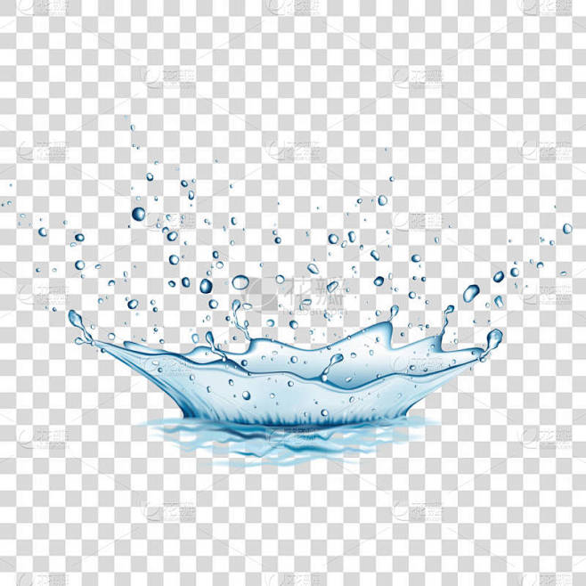 蓝色的水在透明的背景上飞溅和滴落.水瓶皇...
