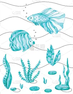 水彩海报与鱼和藻类。一幅画着涂鸦线条的单色水下世界。为婴儿室和装饰画画