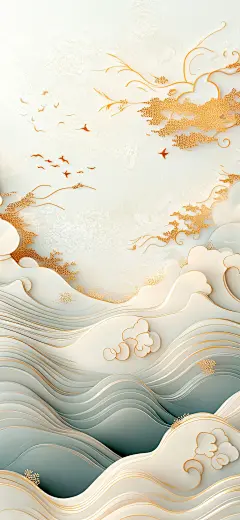 东方美学-鎏金粉蓝|新中式国风山水抽象插画-花瓣网