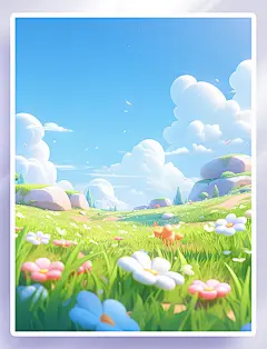 3D天空小草花朵唯美插画田园风光卡通