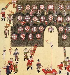 《宪宗元宵行乐图卷》明
纵37厘米、横624厘米，绢本设色
此画卷描绘明宪宗在皇宫里庆赏元宵游玩的各种情景。画面中，从早到晚的各种节目均有明宪宗在场，他穿着不同的盛装，或站或坐，表情安详，在欣赏着元宵节的各种活动。