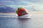 DETAILS : Full CGI generation of sea, waves, foam & paper boat. Photography of the strawberry, sky compositing and retouching.