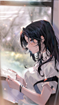 Anime 1800x3200 anime anime girls vertical books black hair blue eyes profile side view blush reading