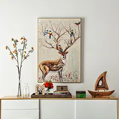 奇居良品 客厅书房卧室帆布有框装饰挂画 麋鹿与鸟手绘油画-tmall.com天猫