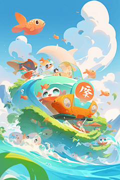 创艺世界采集到Ai数字插画 夏日水上乐园沙滩音乐节儿童海洋公园元素插画素材