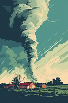 扁平风被破坏的房屋自然灾害龙卷风插画