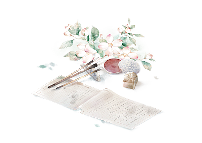文房四宝——中国风水墨水彩小清新插画图片...