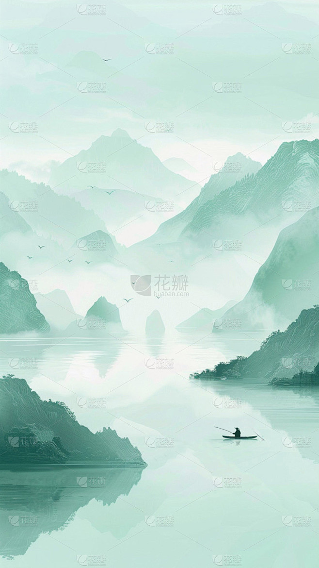 中国风通用春绿色古风山水云雾意境竖版图片素材