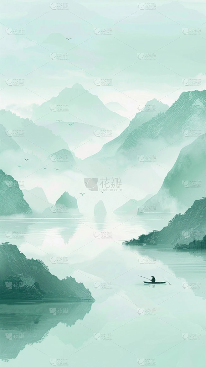中国风通用春绿色古风山水云雾意境竖版图片素材素材-花瓣网