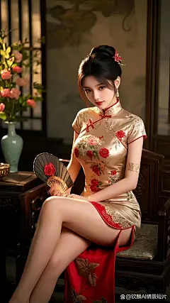 国漫女神：玫瑰金旗袍#美...@钦麟AI情景短片的动态