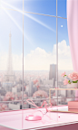 a pink box with flowers in it, white curtains，in the style of grandiose cityscape views, the Eiffel Tower in the city, sun halo in the foreground,anime inspired, glass as material, soft and dreamy atmosphere, spectacular backdrops, playful details, spatia