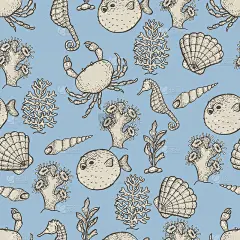手绘海洋生物插图。素描无缝模式
