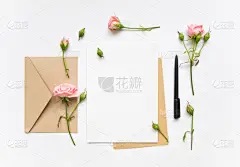 信封,玫瑰,粉色,信函,平铺,华丽的,请柬,明信片,偏远的,贺卡