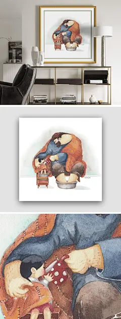 父女装饰画一起洗脚泡脚温馨儿童房人物挂画