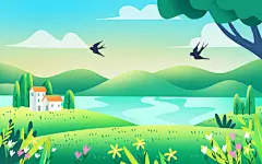 春天春分春分春天春手绘卡通春天风景背景原创插画海报春天背景