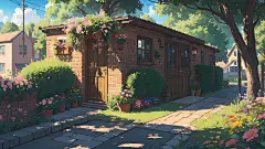 鲜花 商店 房子 树木 精美绘画 风景桌面壁纸