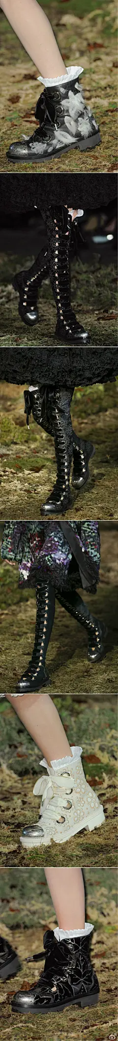 【details】Alexander McQueen Fall 2014。浓郁的宫廷风，长长的裙子，身着夸张的造型，踏过诡异暗黑的绿野。